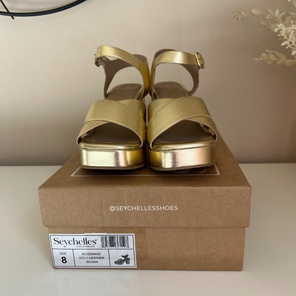 Seychelles - Gold Leather Platform Block Heel Sandals - Size 8 Women's NEW - Picture 3 of 9